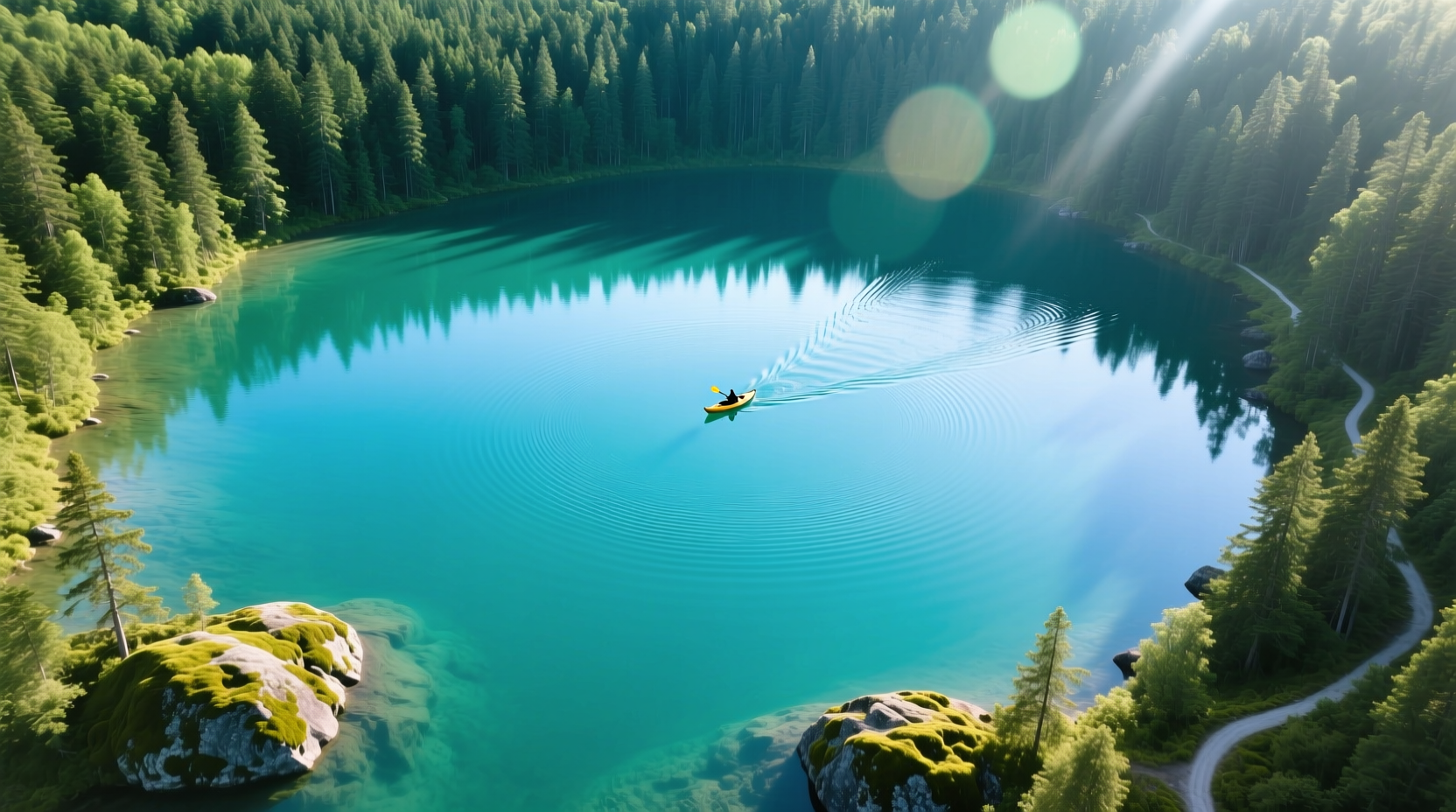 Aerial view of White Potato Lake with clear blue waters and forested shoreline