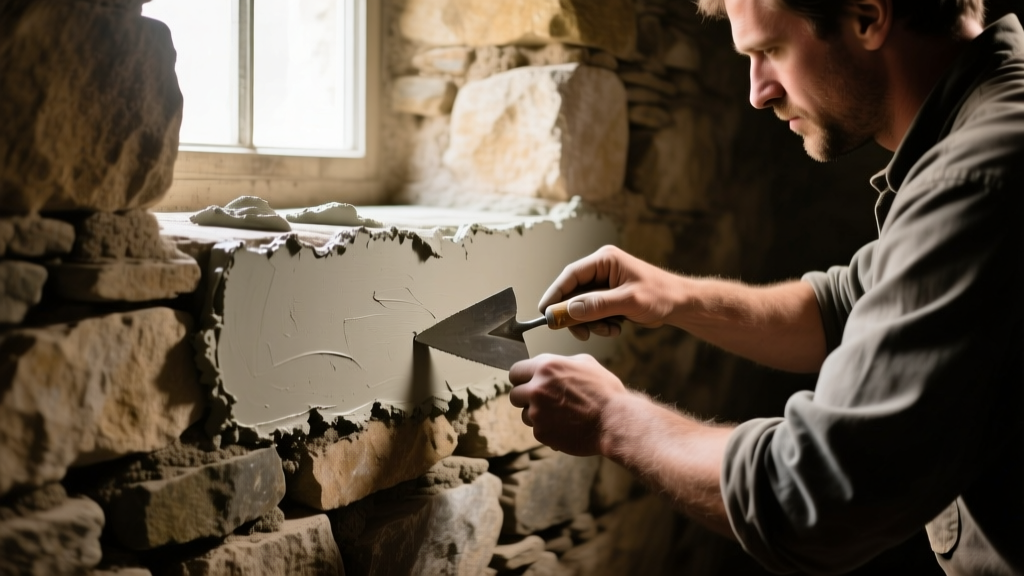 Mason carefully repointing a historic irregular fieldstone foundation wall using natural hydraulic lime mortar in a dimly lit basement