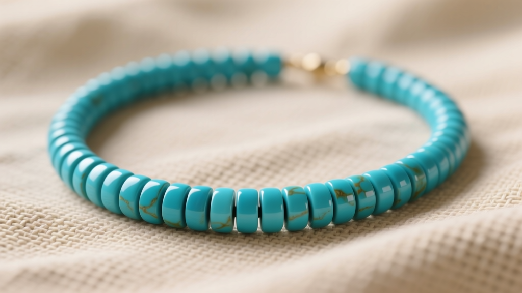 Close-up of a vibrant blue turquoise heishi necklace with 4mm flat disc beads resting on a textured beige linen fabric background.