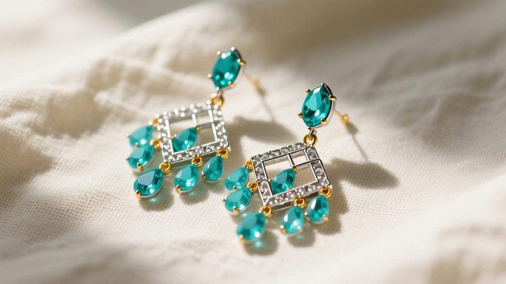 Top-down view of turquoise chandelier earrings on linen, showing silver and gold variations in soft natural daylight