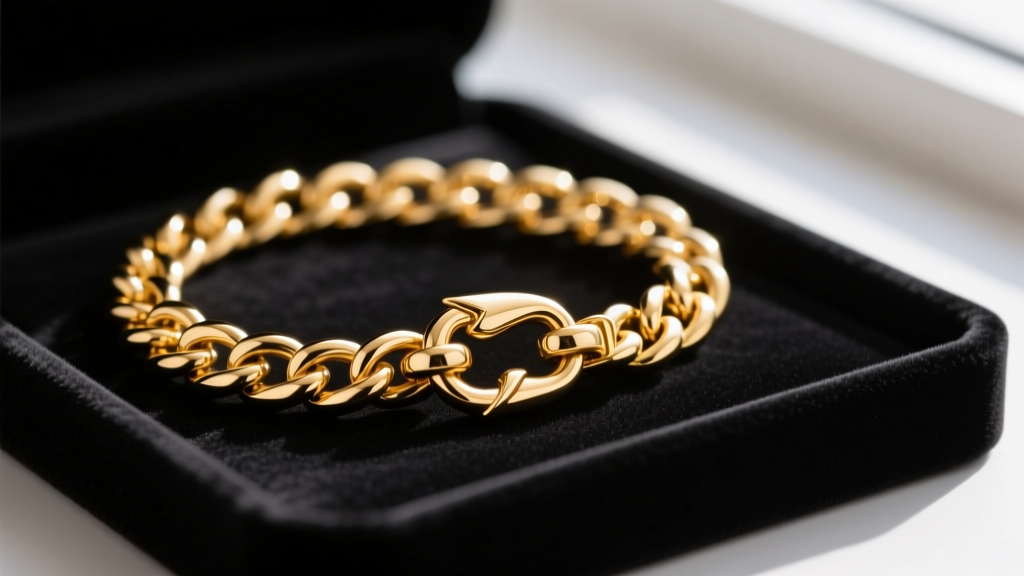 Macro photography of a 2.5mm thick Cuban link gold chain with a heavy lobster clasp resting on a dark velvet jewelry display tray.