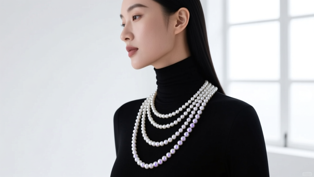 Side profile of a 24-inch opera length pearl necklace dropping below the bust line on a woman wearing a fitted black turtleneck