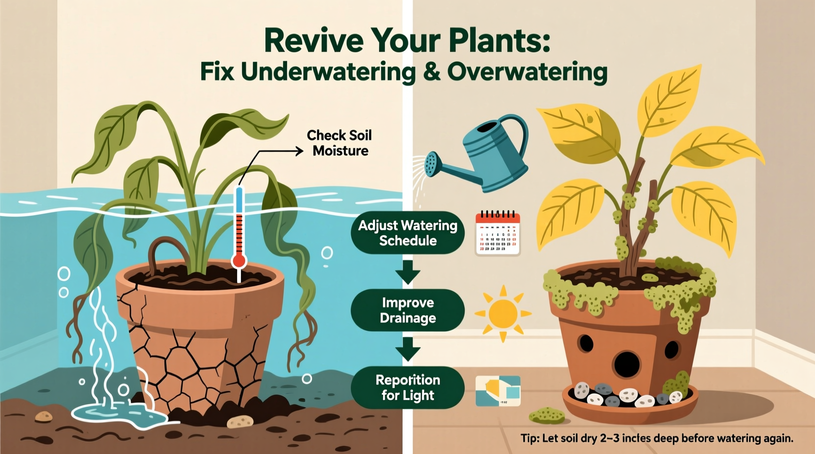 how to revive dry indoor plants with underwatering or overwatering signs