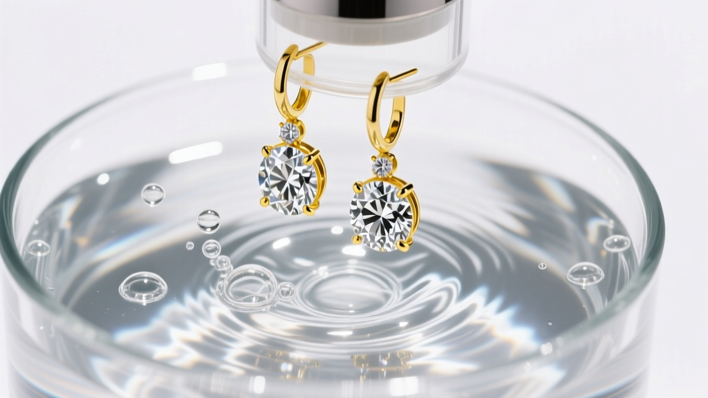 Overhead view of an ultrasonic cleaner vibrating yellow gold diamond drop earrings, showing tiny cavitation bubbles in the water.
