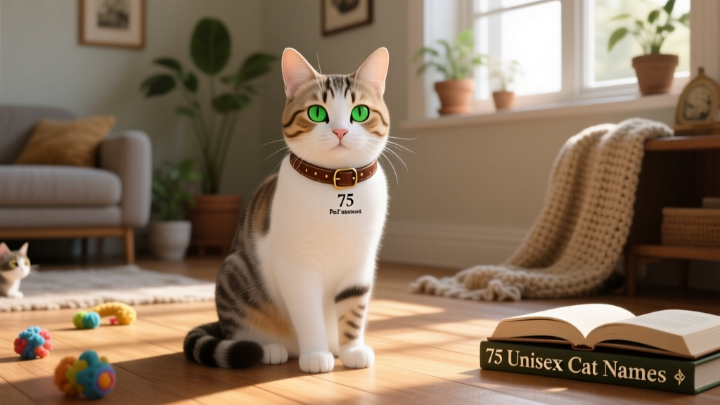 White, tan, and gray cat with green eyes wearing a collar
