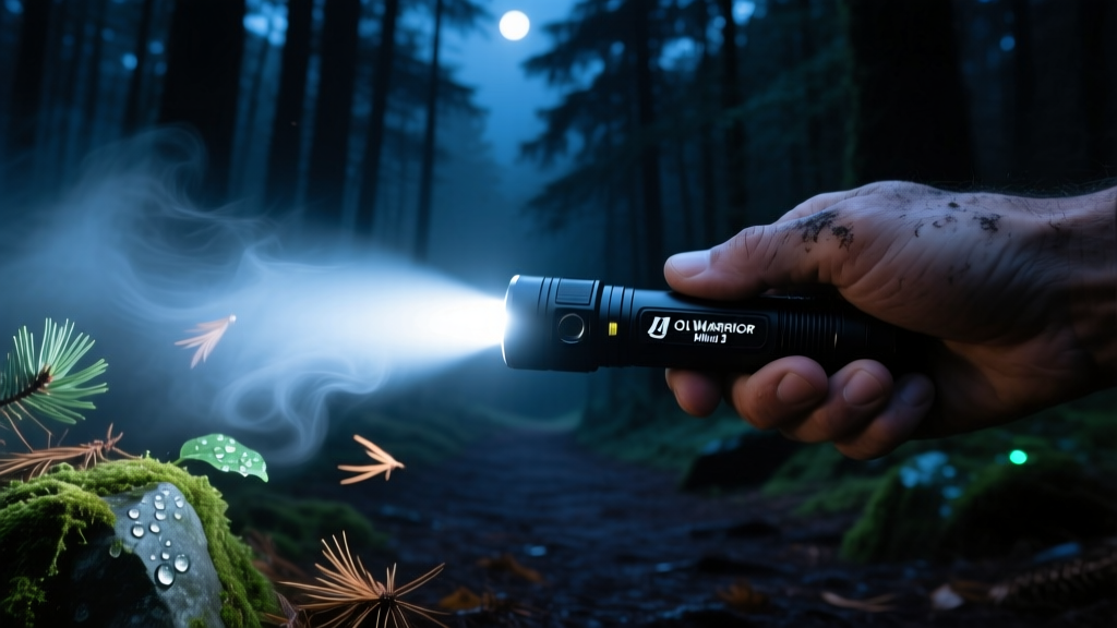 Hand holding an Olight Warrior Mini 3 flashlight illuminating a dark forest trail at night with a bright focused 1750-lumen beam of light
