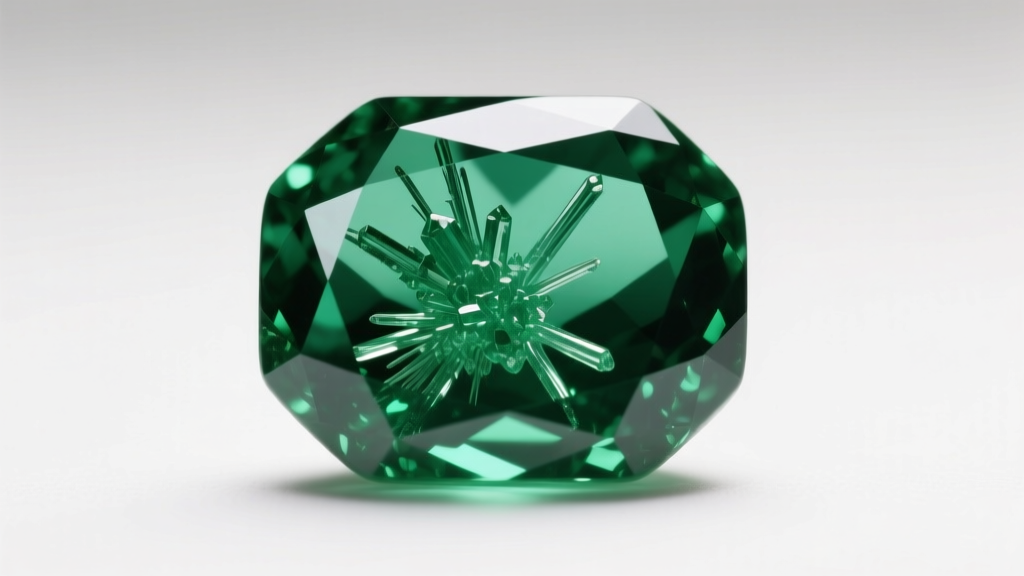 Macro photography of a natural Colombian emerald showing typical jardin inclusions and rich green saturation under jeweler's loupe