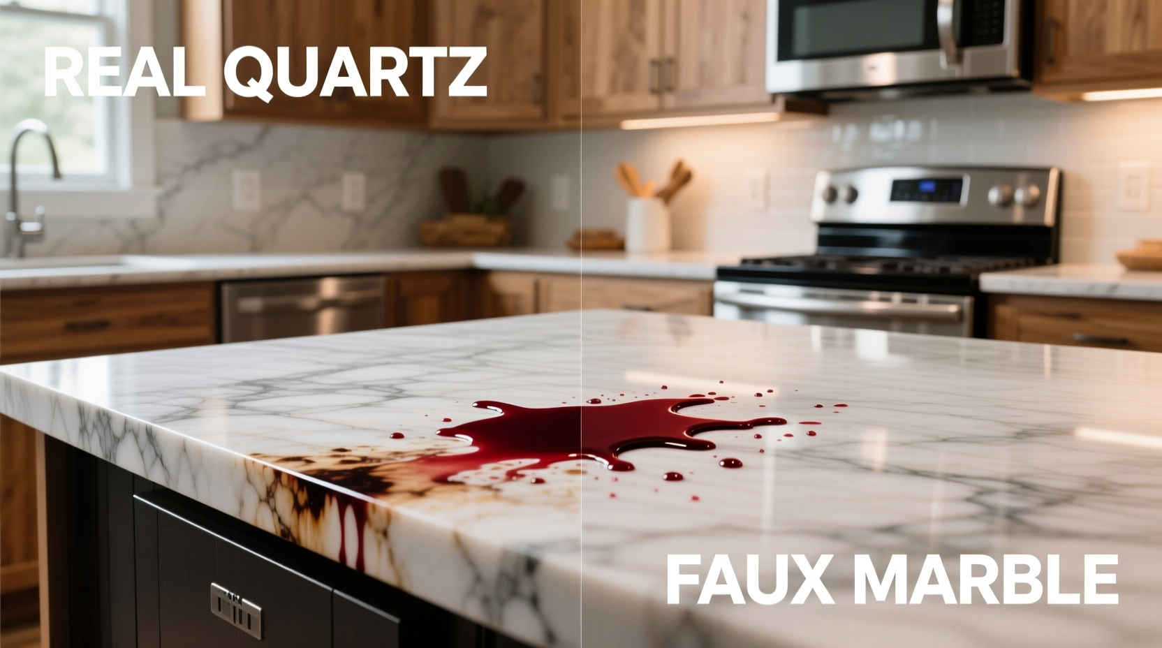 faux marble countertop vs real quartz which resists stains better in kitchens