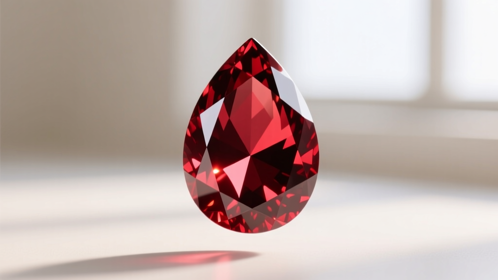 Macro shot of a red spinel teardrop gem revealing a 58-facet pear cut with bright light return and no dark bow-tie shadow.