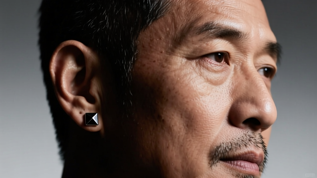 Close-up of a man wearing a 16-gauge black titanium stud earring in his left ear lobe, lit by moody studio lighting.
