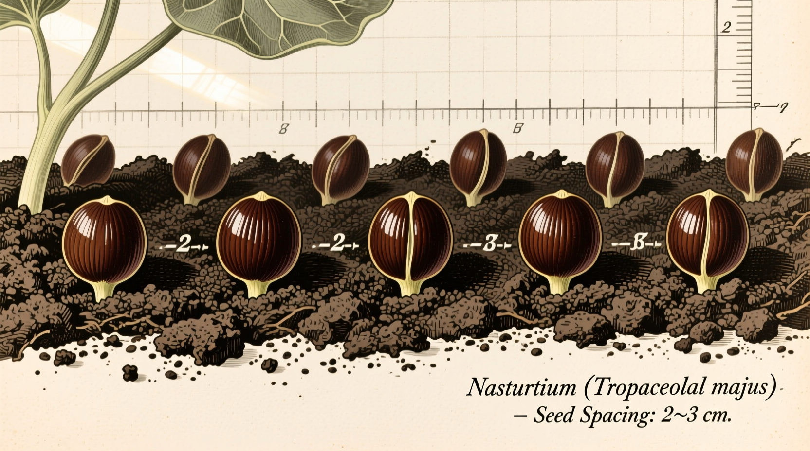 Nasturtium seeds planted in garden soil with proper spacing