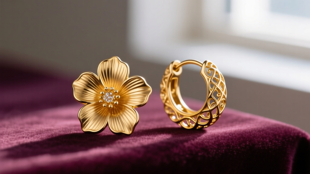 Macro shot of 14k gold flower hoop earrings with detailed petals on velvet, soft light highlighting the textured metal surface.