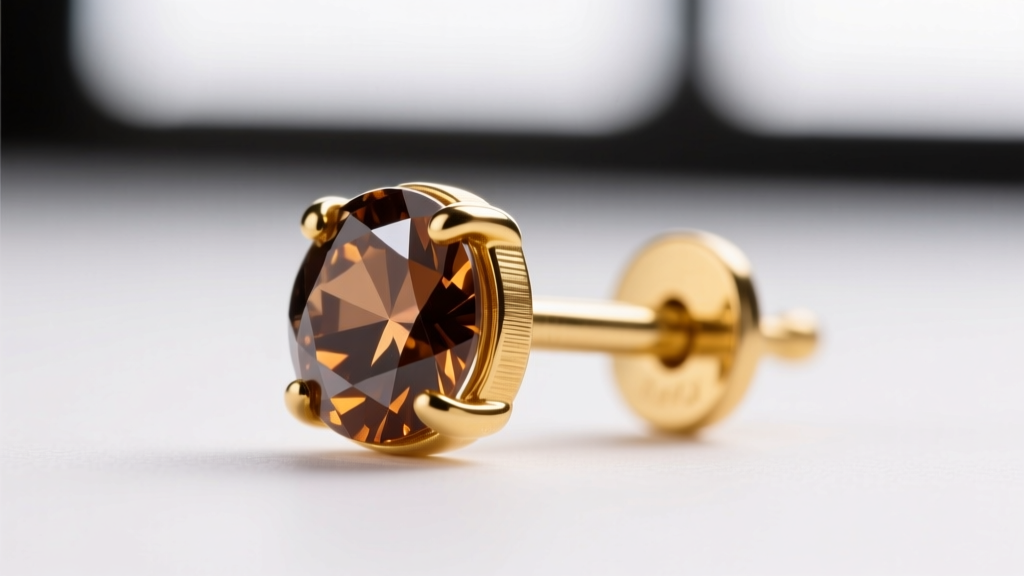 Macro shot of an 18-gauge yellow gold earring post with a la pousette locking back holding a faceted brown diamond stud earring
