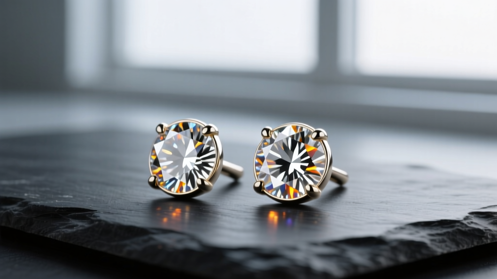 Round lab-grown diamond studs in 14K white gold bezels on dark slate, soft lighting highlighting the brilliant cut facets.