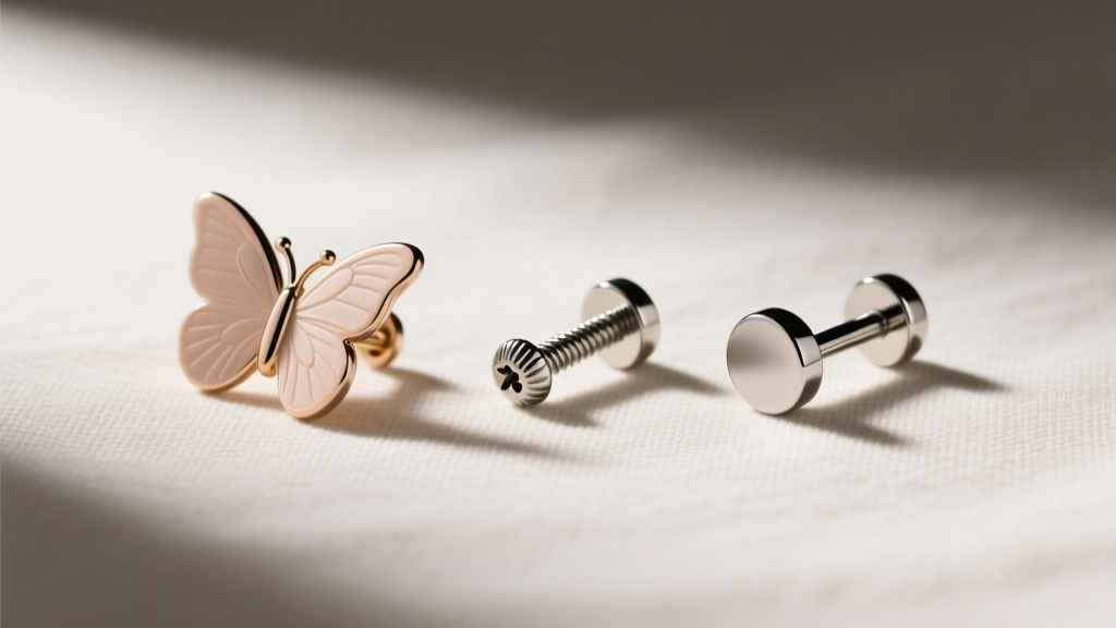 Flat lay of three earring backings: a butterfly clutch, a screw-back, and a titanium flat-back labret for cozy, snag-free sleep.