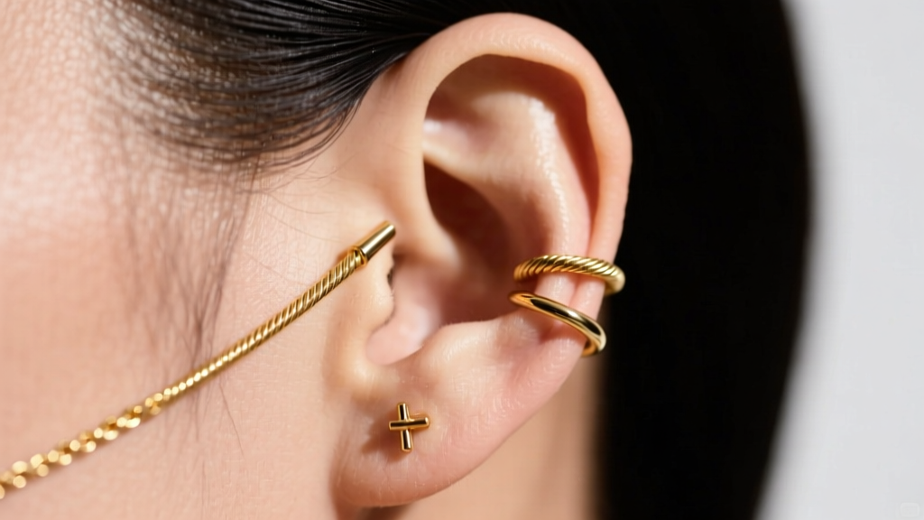 Side profile of an ear showing an 18-gauge gold cable chain connecting a lobe earring to a mid-helix cuff with no visible kinks.