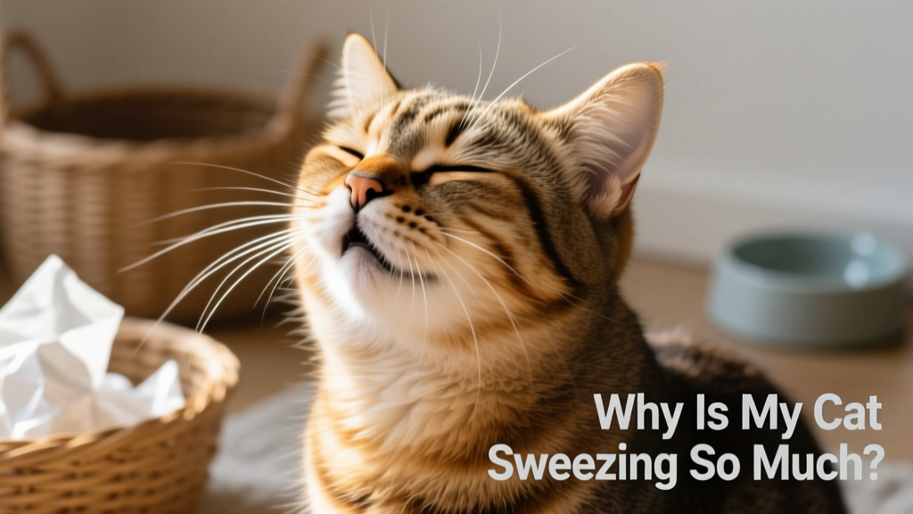 Close-up of a healthy cat gently sneezing, eyes closed, nose slightly wrinkled