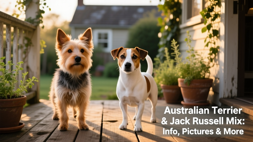 Side-by-side comparison of an Australian Terrier and a Jack Russell Terrier standing on a wooden porch