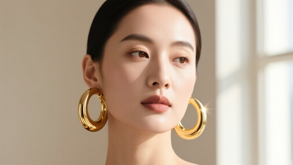 Close-up portrait of a woman wearing 14k gold two-inch hoop earrings, soft natural lighting highlighting the polished metal surface