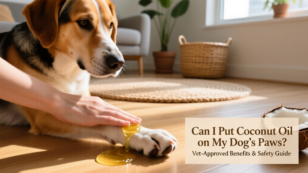 Hand gently massaging coconut oil into a dog's paw pads