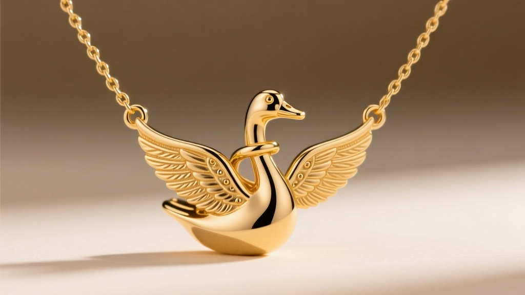 Side profile of a 14k gold goose necklace showing a custom double-bail soldered across the wingspan on a 1.5mm wheat chain.