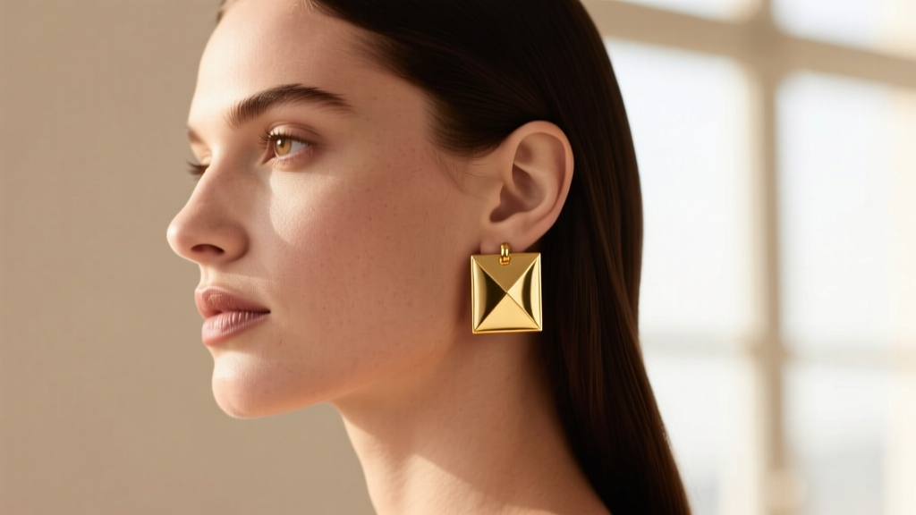 Side profile of a woman wearing 18k gold square drop earrings, highlighting the jawline against a blurred neutral background.