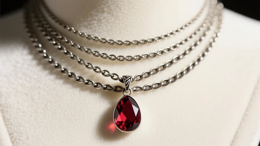 Close-up of a layered love witch necklace stack with a 16-inch oxidized silver chain and an 18-inch faceted garnet drop pendant.