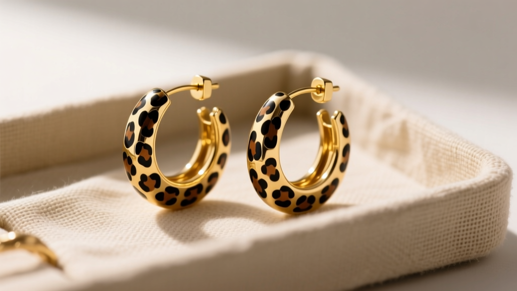 Close-up of 14k gold hoops with hand-painted black and tan cheetah print enamel resting on a beige linen jewelry tray in soft light