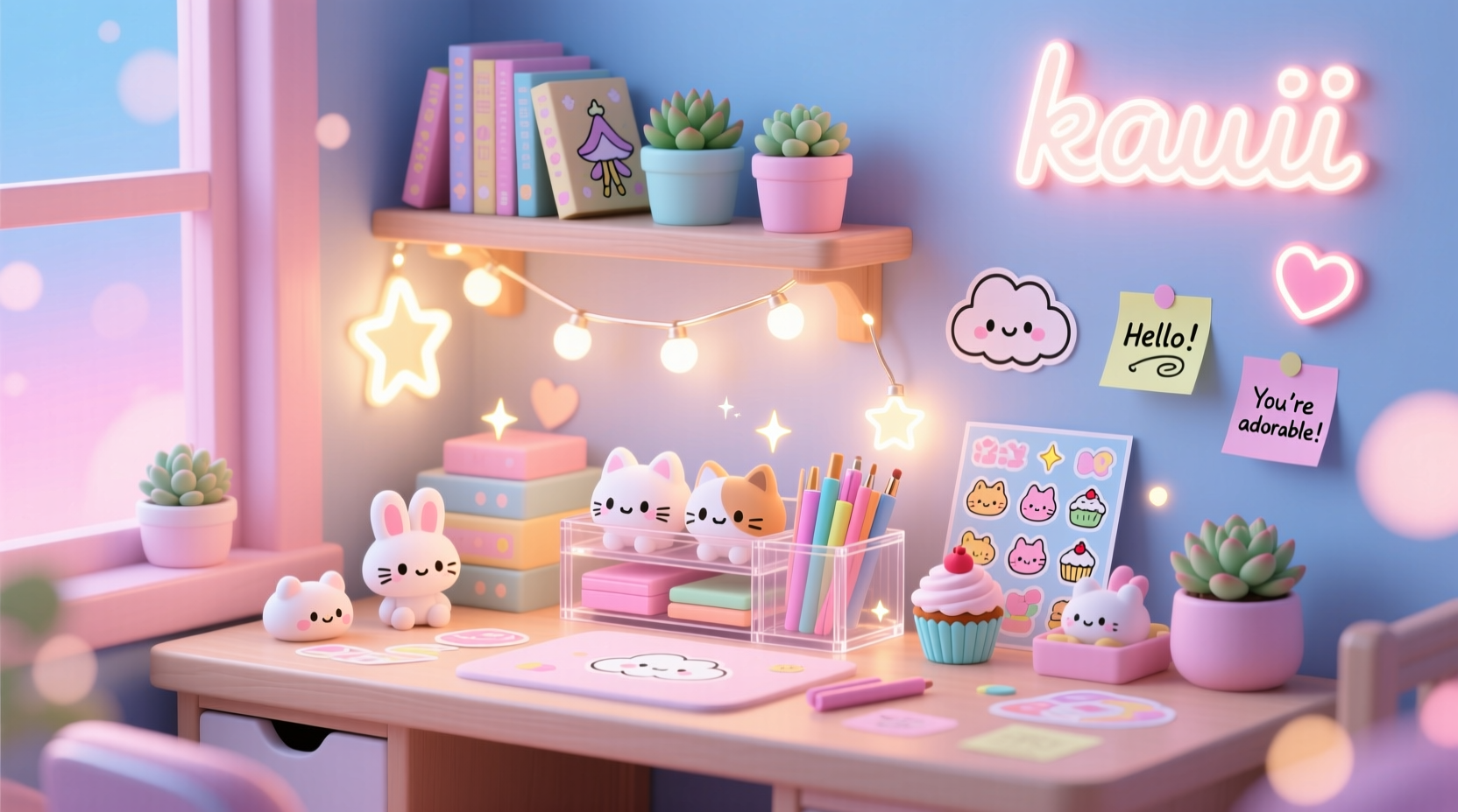 step by step guide to building a kawaii themed desk setup with lights and stickers