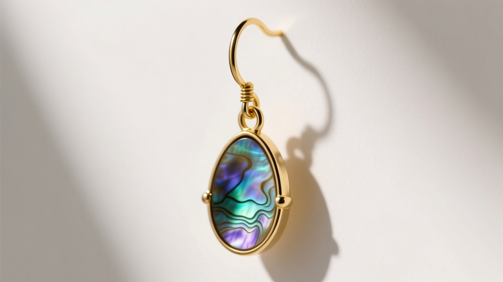Side view of 18-gauge solid gold French wire earring with carved abalone shell drop, focusing on reinforced soldered jump ring
