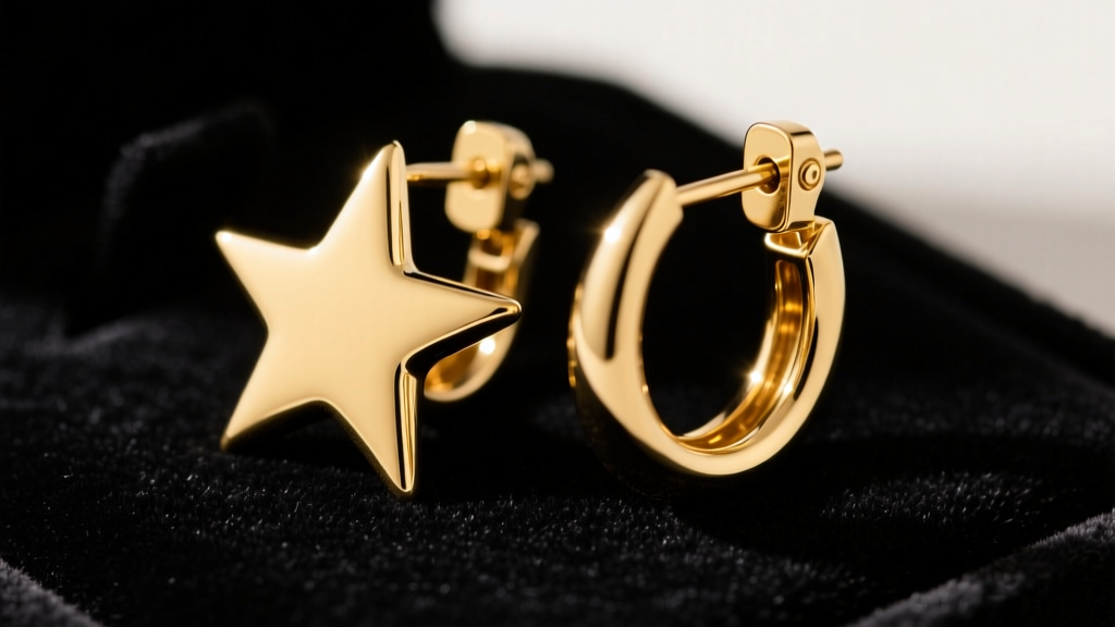 Close-up of 14k yellow gold star hoop earrings on dark velvet, showing a slightly bent star point and a secure latch clasp