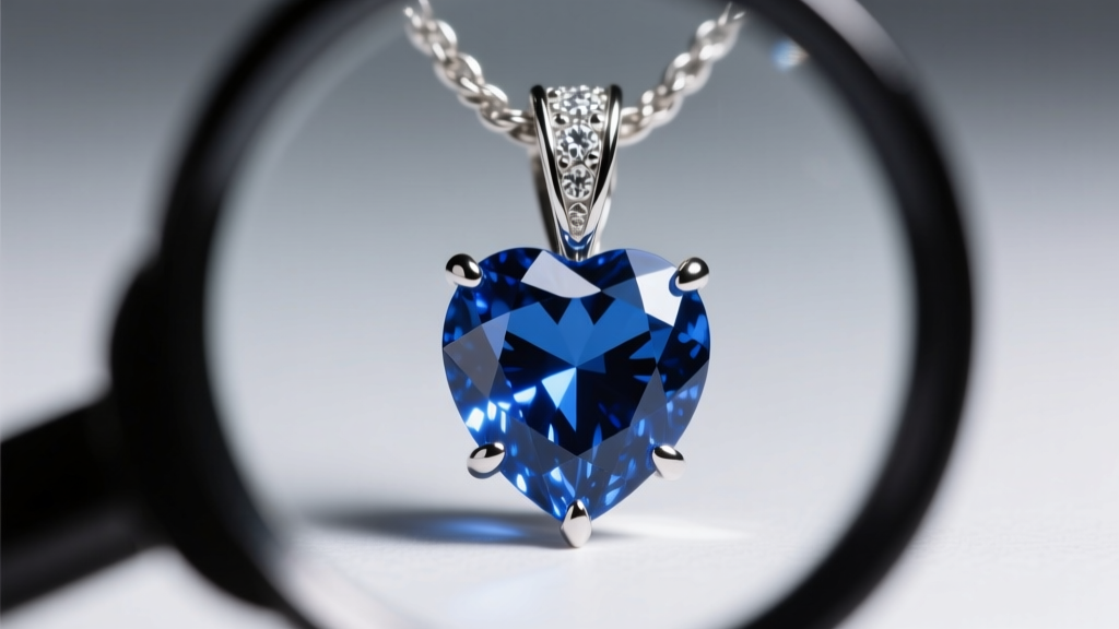 Jeweler loupe magnifying the delicate prongs securing the bottom point of a blue sapphire heart pendant under bright LED light.