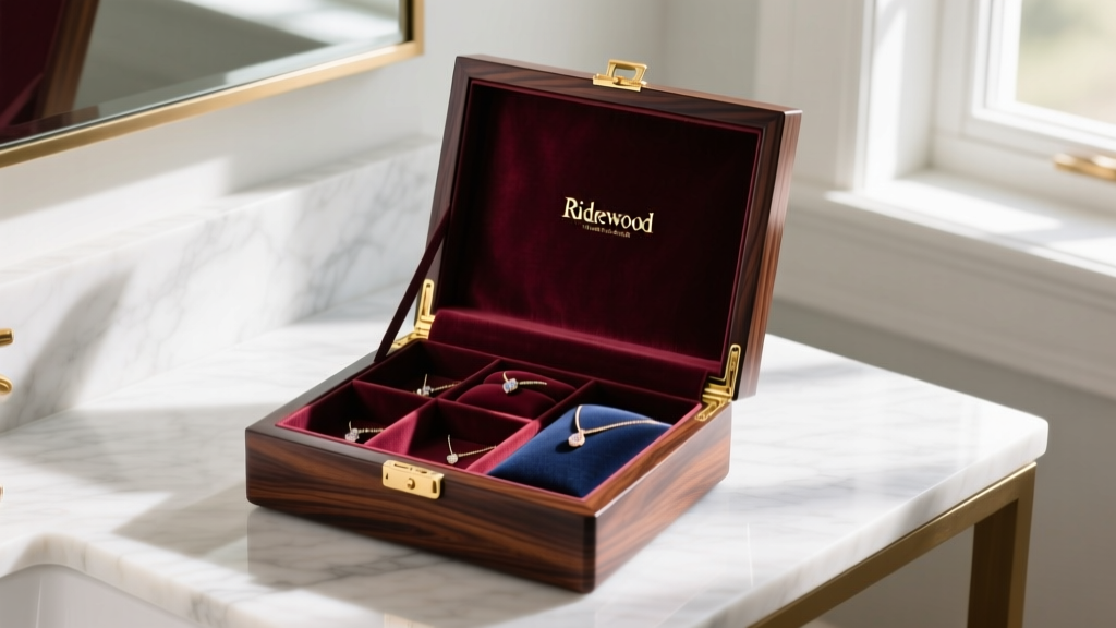 Open Hot Jewelry Box Ridgewood on a marble vanity, showing velvet compartments and rich, dark wood grain textures.