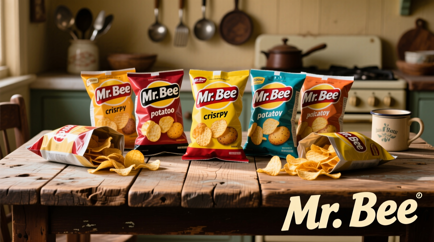 Mr. Bee potato chips varieties displayed on wooden table