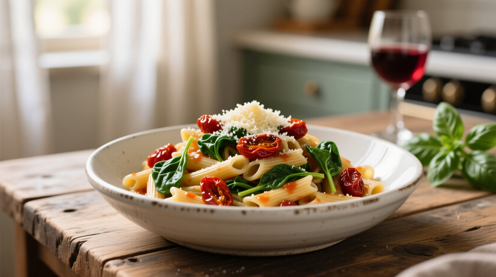 Creamy spinach and sundried tomato pasta in white bowl