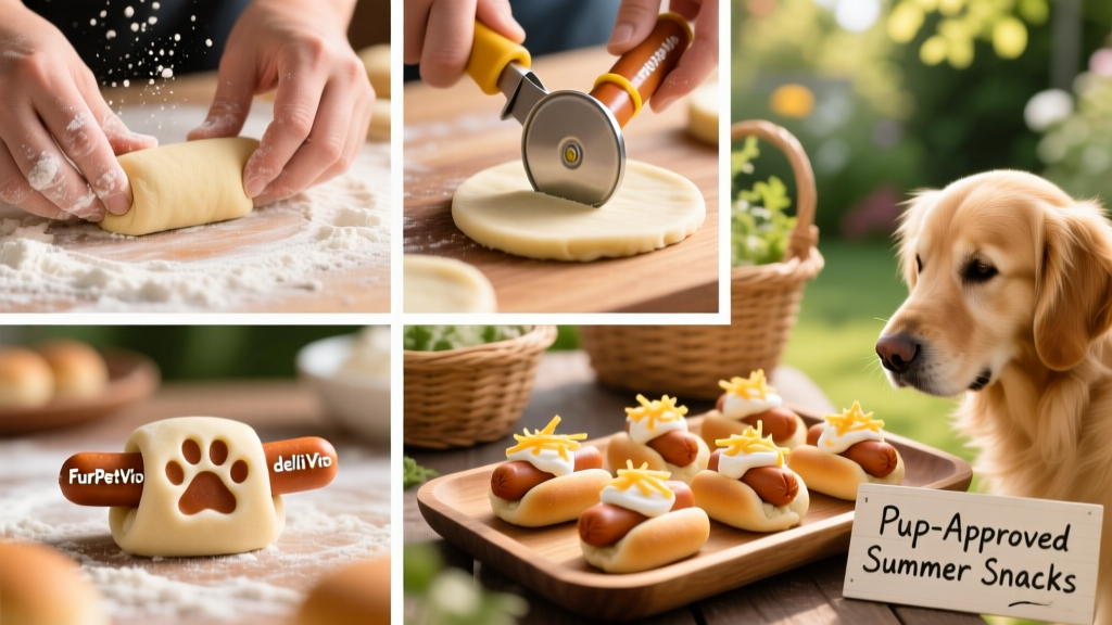Step-by-step collage showing dough rolling, cutting, shaping buns, and assembling finished treats with FurPetVo deli sticks and topping