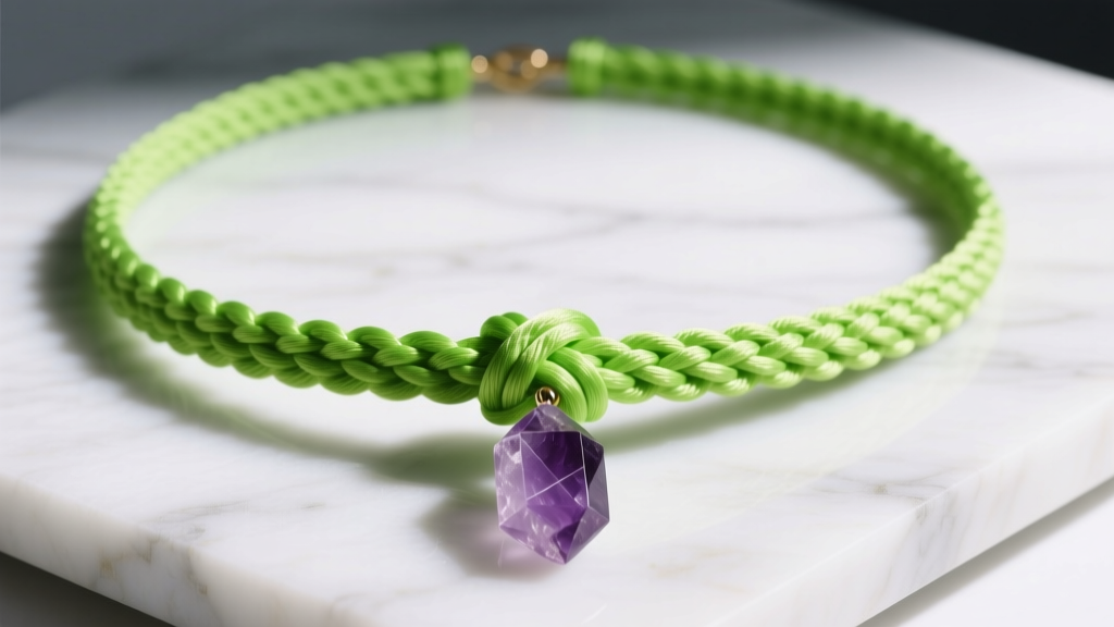 Neon green nylon macrame cord necklace featuring a sliding knot and a raw amethyst crystal pendant photographed on white marble