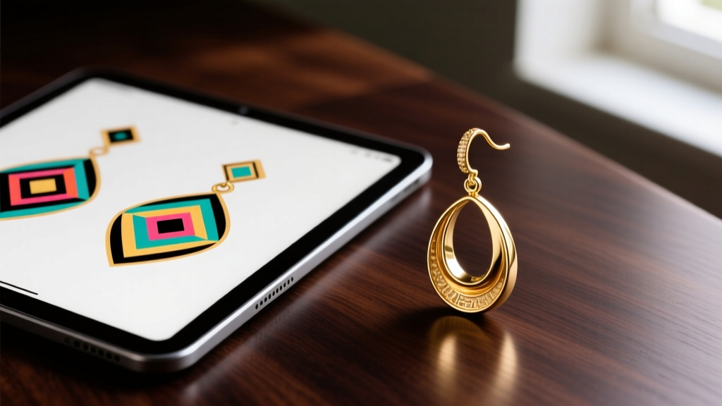 Tablet displaying 2D earring clip art vectors beside a finished 18k gold kinetic dangle earring on a dark wood jeweler's bench.
