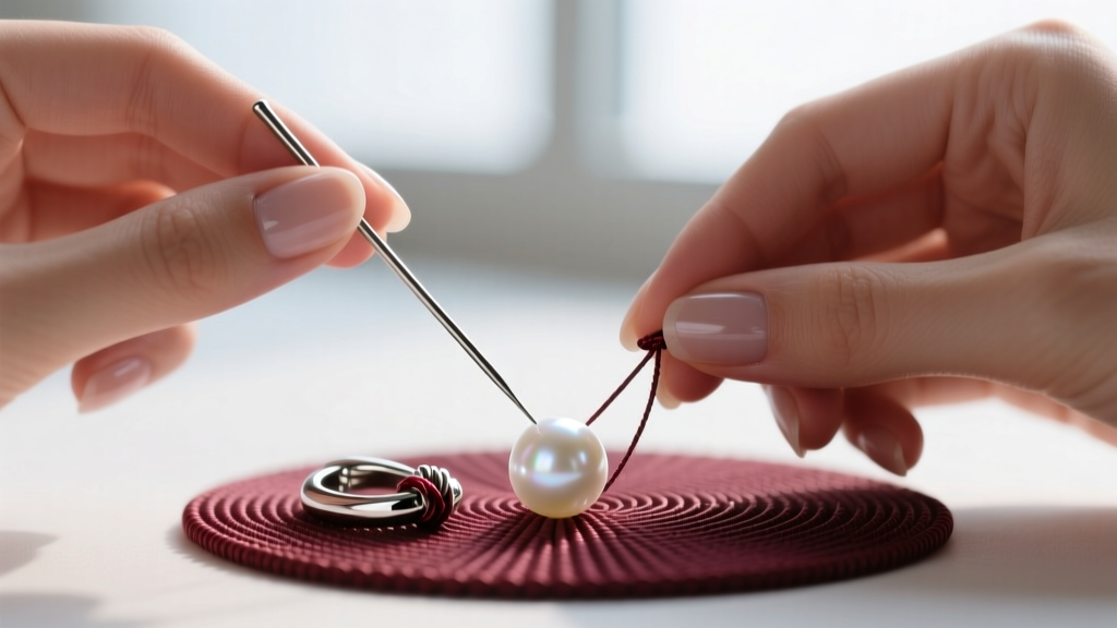 Hands using a fine steel beading awl to push a tight silk knot against a white pearl near a silver clasp on a beading mat.