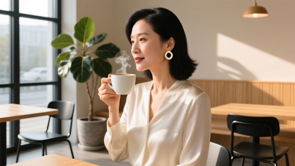 Professional woman in silk blouse wearing 14k white gold medium bubble hoop earrings while holding a coffee cup in a modern cafe
