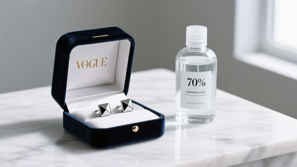 Open velvet gift box revealing titanium stud earrings beside a glass bottle of 70% isopropyl alcohol on a white marble surface.