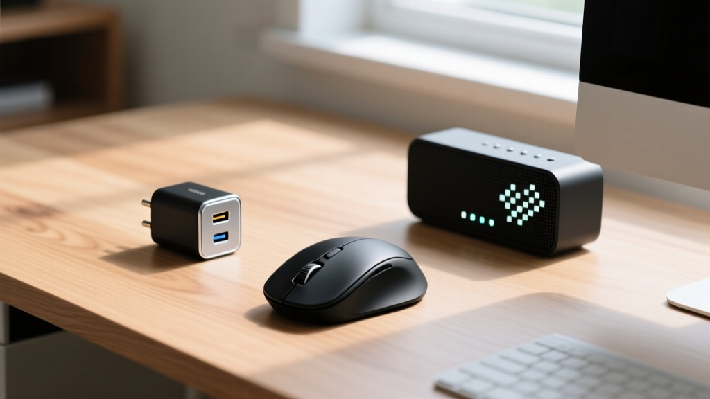 Flat lay of budget home office gadgets including a black vertical mouse, compact GaN charger, and pixel speaker on wooden desk
