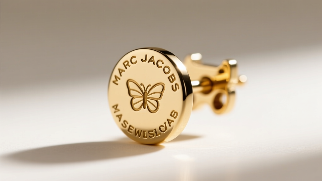 Macro photography showing the engraved MARC JACOBS hallmark and standard friction butterfly back on a gold-tone earring post
