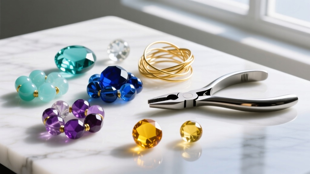 Flat lay of assorted glass and gemstone beads, gold-filled wire, and round-nose pliers on a marble surface for a bead earrings tutorial