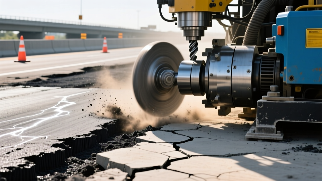 Heavy-duty milling machine removing damaged asphalt pavement next to a cracked concrete road joint during highway rehabilitation project