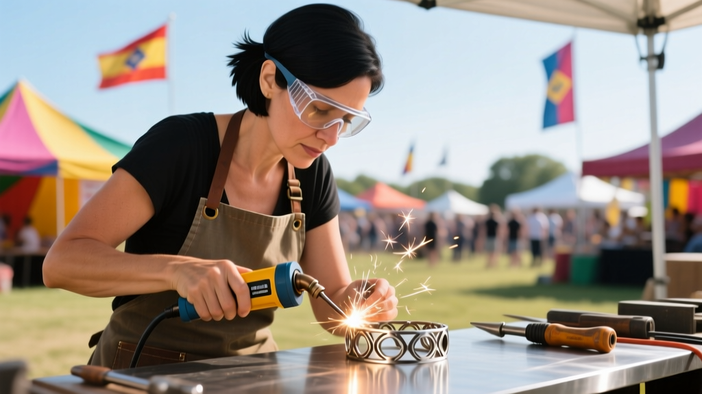 Female artisan in safety glasses operating a portable spot welder to attach a permanent bracelet at an outdoor Columbia festival.