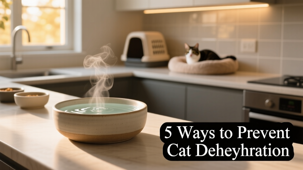 A clean, shallow ceramic water bowl placed on a quiet countertop away from food and litter box