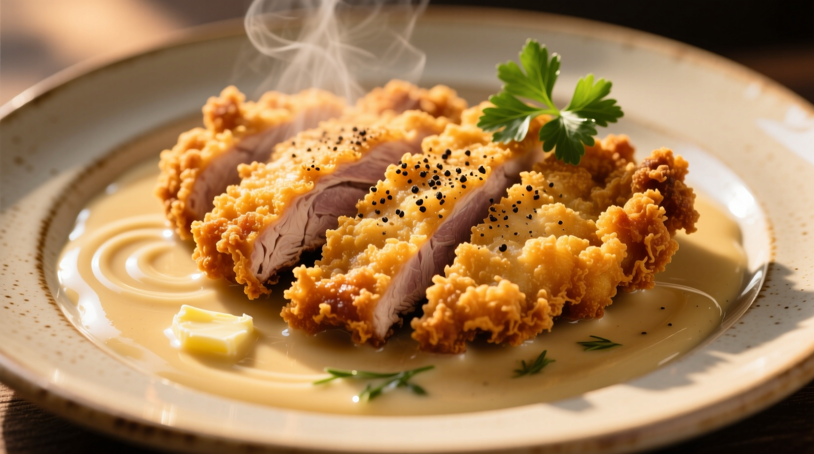 Perfectly golden chicken fried steak on plate with creamy gravy