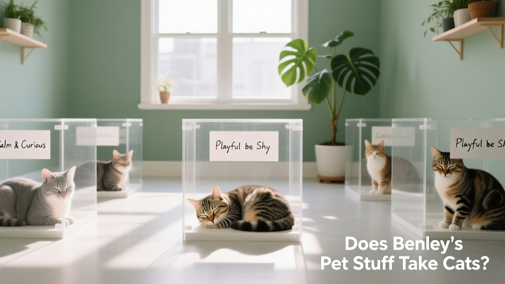 A clean, well-lit shelter room with several calm cats in individual enclosures, each labeled with name and personality notes