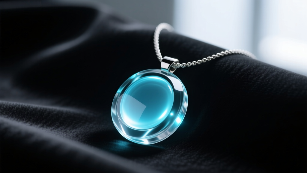 Close-up of a futuristic micro-LED necklace light pendant encased in clear resin, glowing soft cyan against a dark silk backdrop